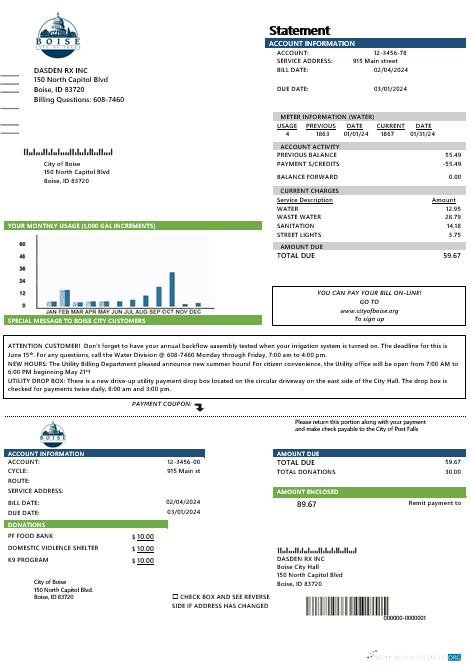 USA Idaho Boise City of Trees water business utility bill template in Word and PDF formats